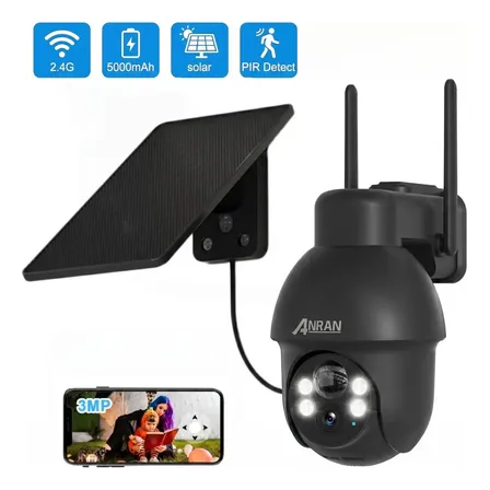 Anran 3MP Solar Cámara De Seguridad Exterior N30W1545 Ip Wifi Con Batería Visión Nocturna A Todo Color Hd Ptz Con Audio Color Negro